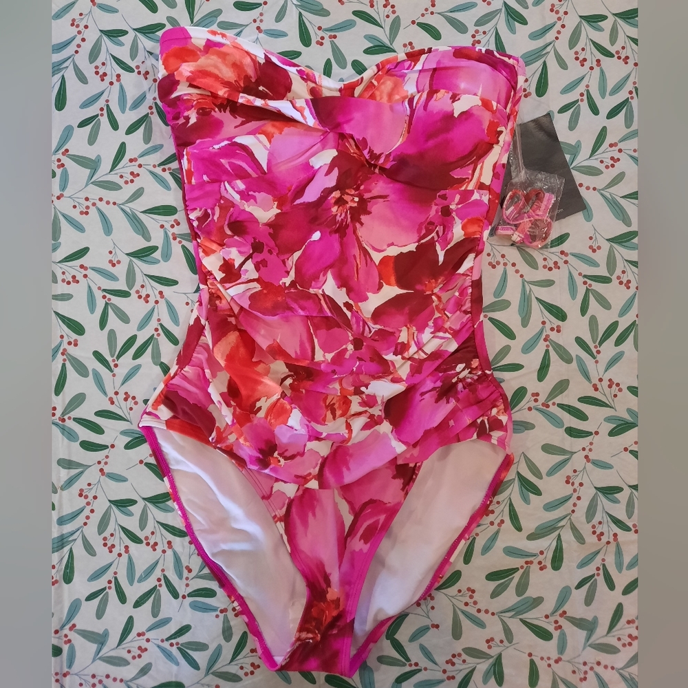 Simply Swim Brand Pink Floral One Piece Bathing Suit Size 14